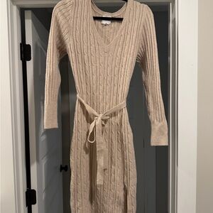 Pink Rose Beige Cable Knit V-Neck Sweater Dress with Belt